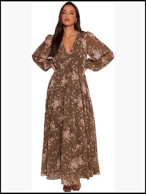 Maxi Dress with Long Sheer Sleeves, V Neckline, A-Line Skirt, True to Size
